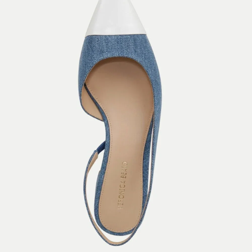 Veronica Beard Cecile Denim Cap-Toe Slingback (Size 10) in Denim/Coconut - Picture 4 of 6